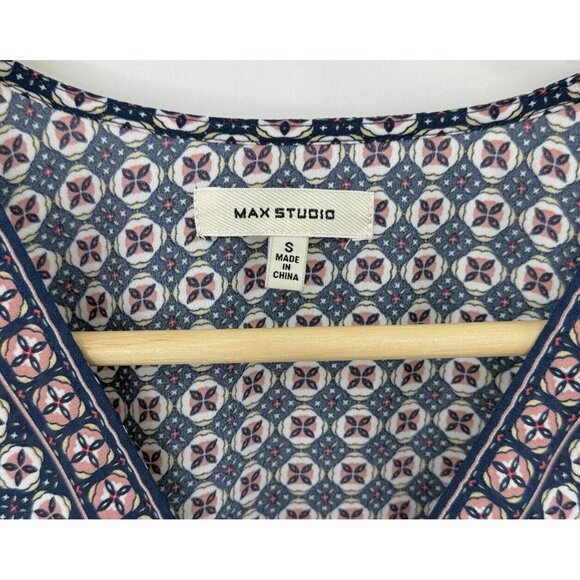 Max Studio‎ Blue & Pink Faux Wrap Hi Low Chiffon Blouse Sm, Boho, Preppy, Office - Picture 6 of 10